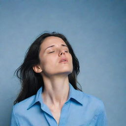 A despondent woman, allowing her head to fall onto a blue shirt she's holding, an aura of melancholic silence surrounding her