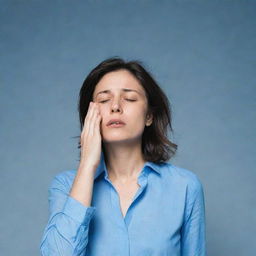 A despondent woman, allowing her head to fall onto a blue shirt she's holding, an aura of melancholic silence surrounding her