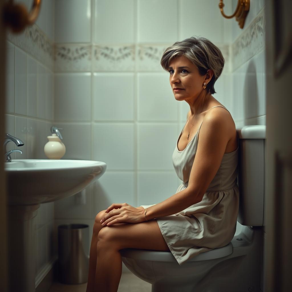 A mature Spanish woman, 45 years old, with short hair, slim build, and a serious expression, sitting on a toilet