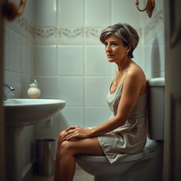 A mature Spanish woman, 45 years old, with short hair, slim build, and a serious expression, sitting on a toilet