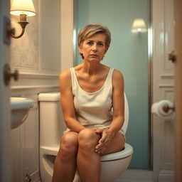 A mature Spanish woman, 45 years old, with short hair, slim build, and a serious expression, sitting on a toilet