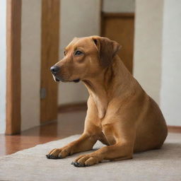 A brown dog in a room, gently lowering his head, carrying an expression of tranquility