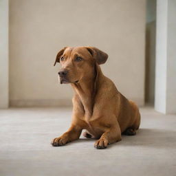 A brown dog in a room, gently lowering his head, carrying an expression of tranquility