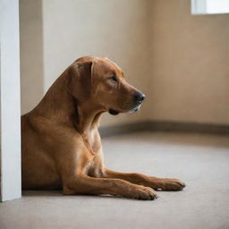 A brown dog in a room, gently lowering his head, carrying an expression of tranquility