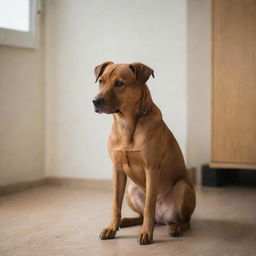 A brown dog in a room, gently lowering his head, carrying an expression of tranquility