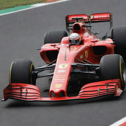 Lewis Hamilton in a scarlet red Ferrari racing car, helmet adorned with his signature, dynamically speeding on a racetrack, the Ferrari emblem prominent on the sleek vehicle.