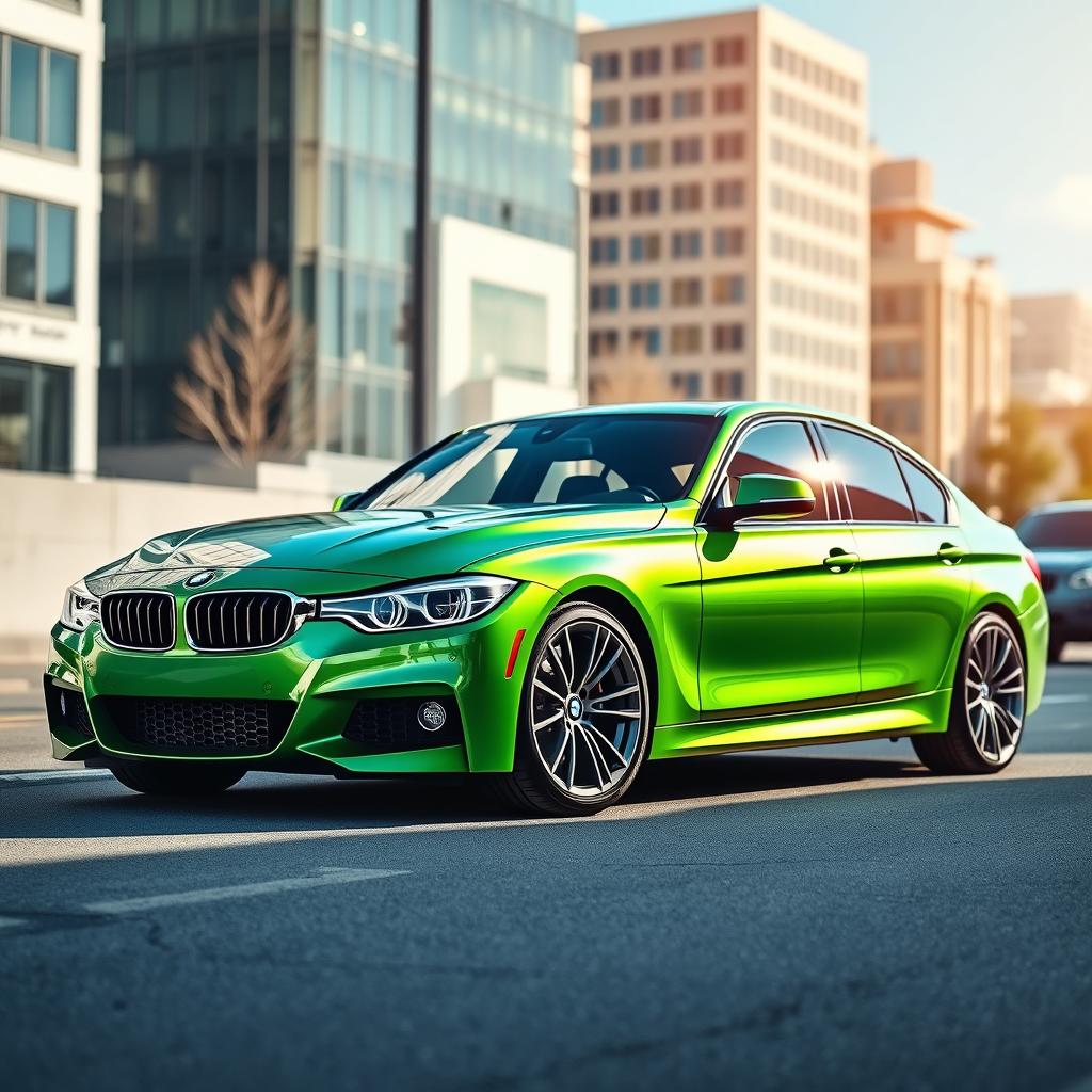 A stunning BMW 320i M Sport in a vibrant green color, parked elegantly on a city street