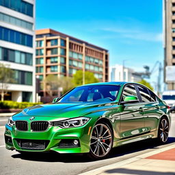 A stunning BMW 320i M Sport in a vibrant green color, parked elegantly on a city street