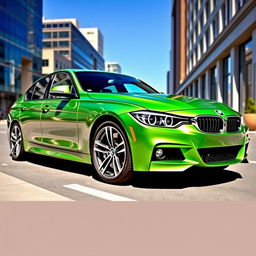 A stunning BMW 320i M Sport in a vibrant green color, parked elegantly on a city street