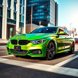 A stunning BMW 320i M Sport in a vibrant green color, parked elegantly on a city street