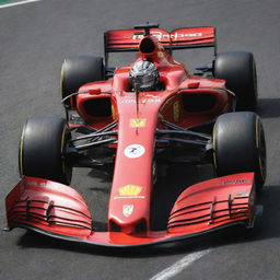 Lewis Hamilton in a scarlet red Ferrari racing car, helmet adorned with his signature, dynamically speeding on a racetrack, the Ferrari emblem prominent on the sleek vehicle.