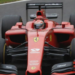 Lewis Hamilton in a scarlet red Ferrari racing car, helmet adorned with his signature, dynamically speeding on a racetrack, the Ferrari emblem prominent on the sleek vehicle.