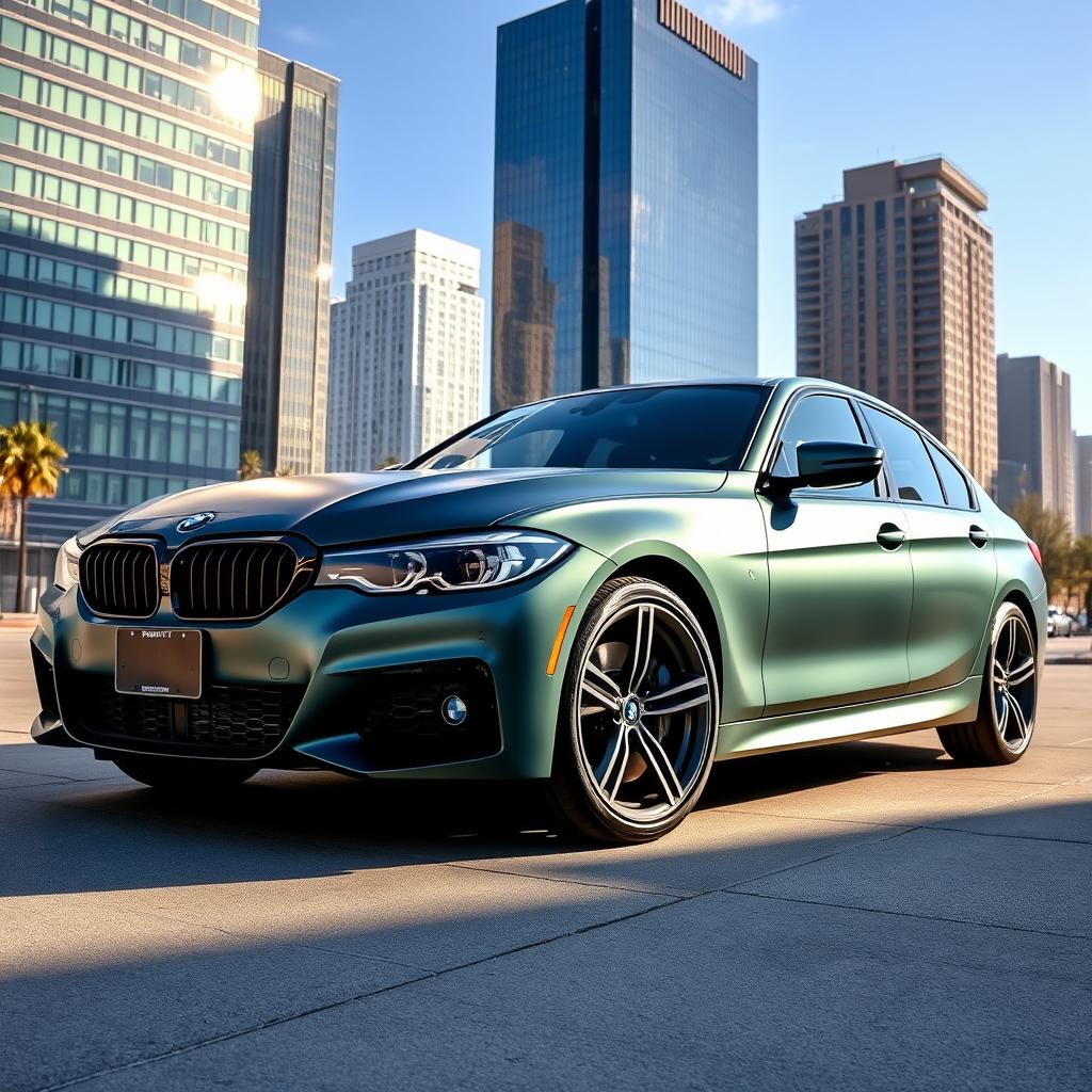 An impressive BMW 320i M Sport in a frozen deep green color, parked majestically in an urban environment