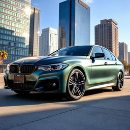 An impressive BMW 320i M Sport in a frozen deep green color, parked majestically in an urban environment