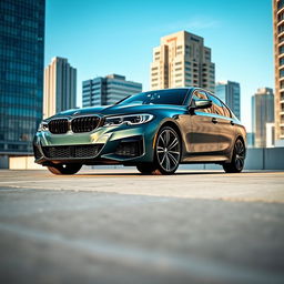 An impressive BMW 320i M Sport in a frozen deep green color, parked majestically in an urban environment
