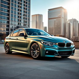 An impressive BMW 320i M Sport in a frozen deep green color, parked majestically in an urban environment