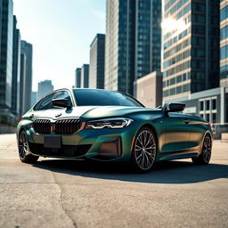 An impressive BMW 320i M Sport in a frozen deep green color, parked majestically in an urban environment