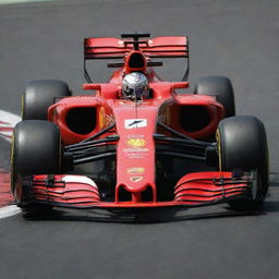 Lewis Hamilton in a scarlet red Ferrari racing car, helmet adorned with his signature, dynamically speeding on a racetrack, the Ferrari emblem prominent on the sleek vehicle.