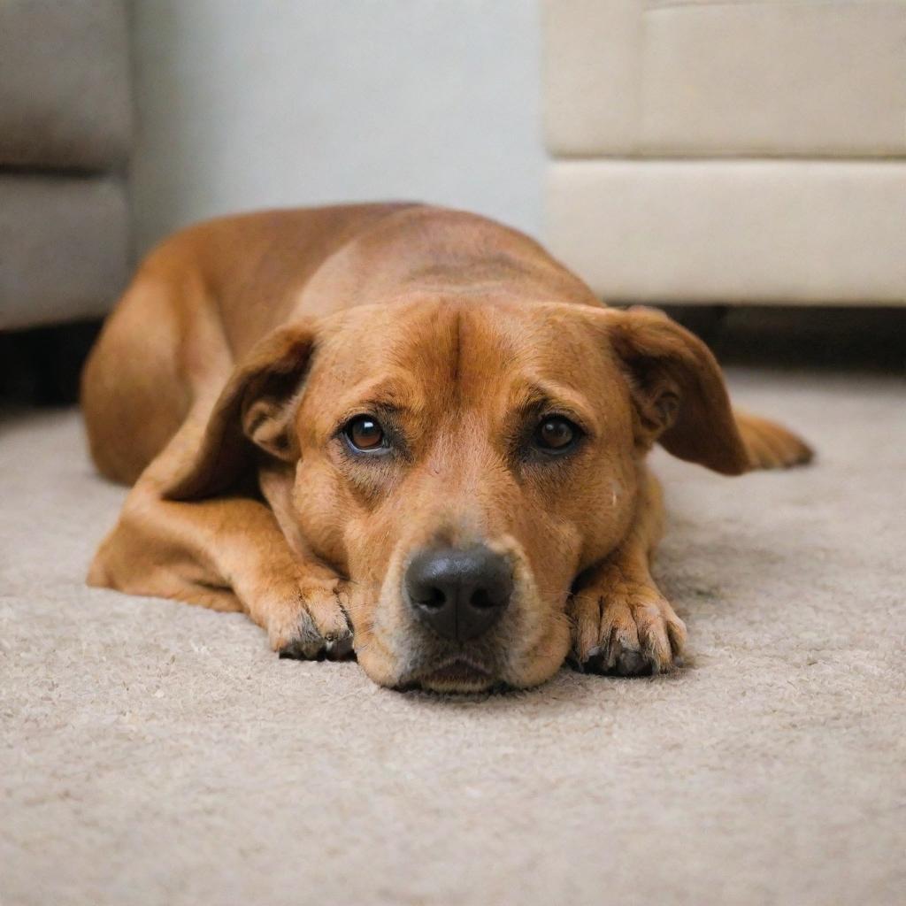 A brown dog in a room, resting his head with a soft sigh on a plush carpet