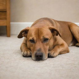 A brown dog in a room, resting his head with a soft sigh on a plush carpet