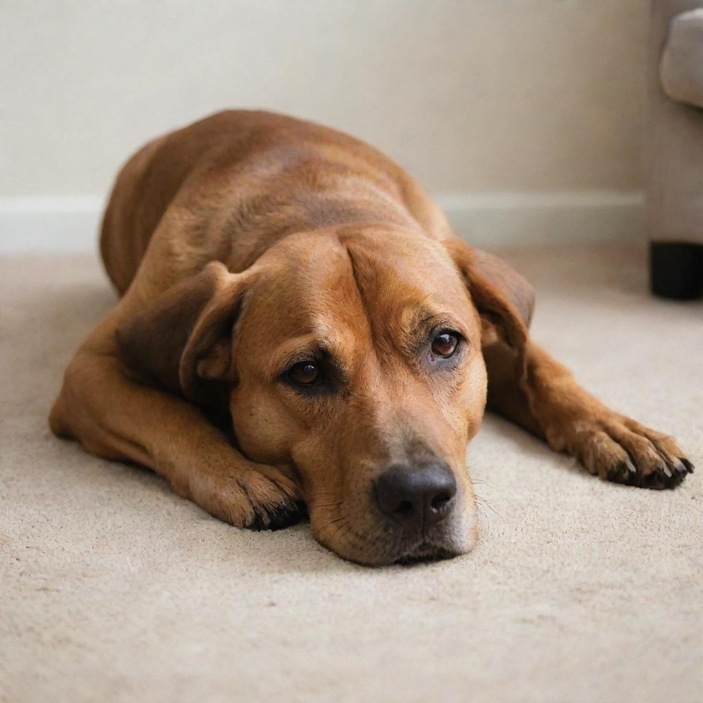 A brown dog in a room, resting his head with a soft sigh on a plush carpet