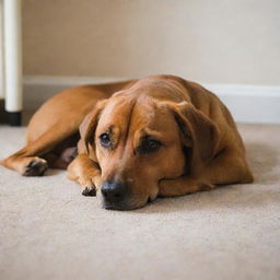 A brown dog in a room, resting his head with a soft sigh on a plush carpet