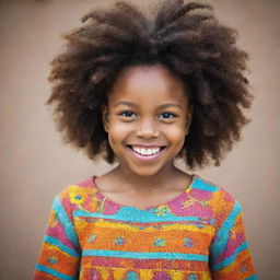 A beautiful young black girl with bright smiling eyes, expressive features and natural hair, dressed in vibrant, colorful attire.