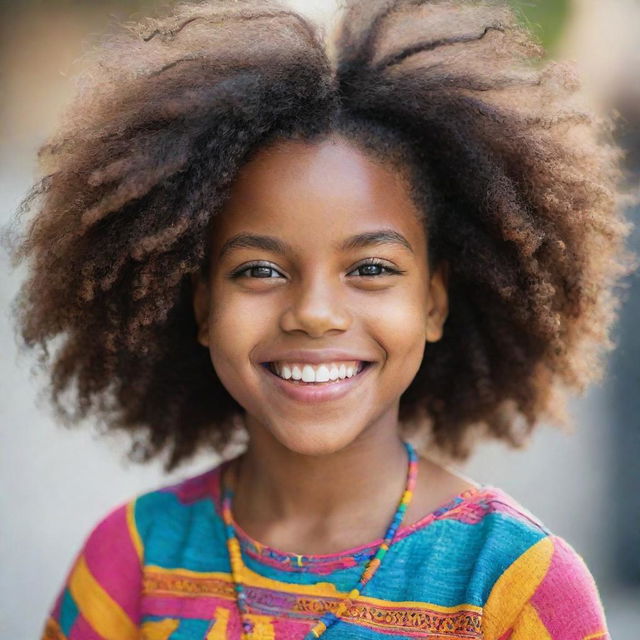 A beautiful young black girl with bright smiling eyes, expressive features and natural hair, dressed in vibrant, colorful attire.