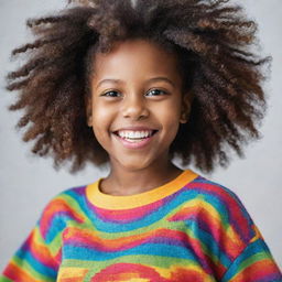 A beautiful young black girl with bright smiling eyes, expressive features and natural hair, dressed in vibrant, colorful attire.