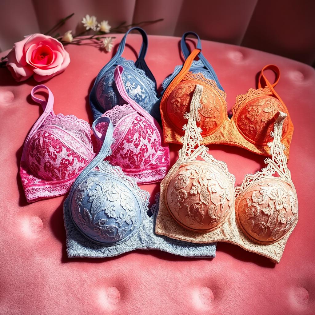 A beautifully designed collection of stylish bras displayed elegantly on a soft velvety surface