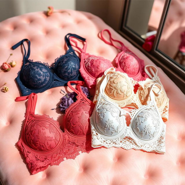 A beautifully designed collection of stylish bras displayed elegantly on a soft velvety surface