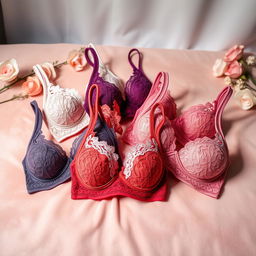 A beautifully designed collection of stylish bras displayed elegantly on a soft velvety surface