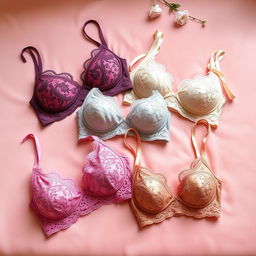 A beautifully designed collection of stylish bras displayed elegantly on a soft velvety surface