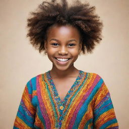 A beautiful young black girl with bright smiling eyes, expressive features and natural hair, dressed in vibrant, colorful attire.