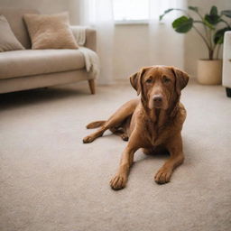 An invitingly plush carpet lies beside a restful brown dog in a warmly lit room