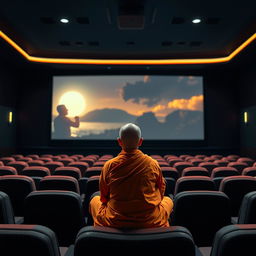 A serene Buddhist monk in bright orange robes sitting cross-legged in a dimly lit movie theater