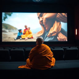 A serene Buddhist monk in bright orange robes sitting cross-legged in a dimly lit movie theater