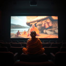 A serene Buddhist monk in bright orange robes sitting cross-legged in a dimly lit movie theater