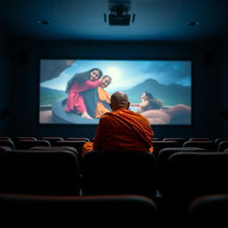 A serene Buddhist monk in bright orange robes sitting cross-legged in a dimly lit movie theater