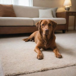 An invitingly plush carpet lies beside a restful brown dog in a warmly lit room