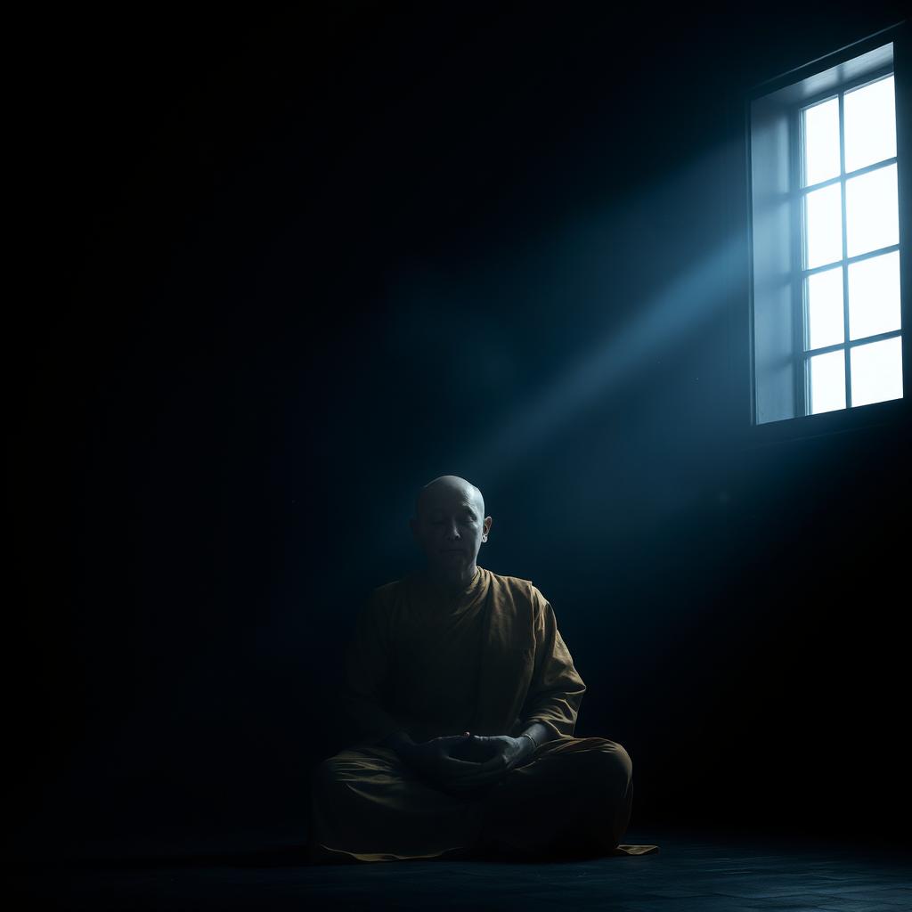 A Buddhist monk peacefully meditating in a dark room