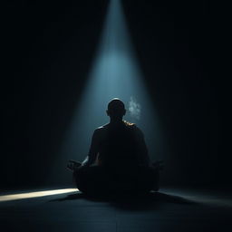 A Buddhist monk peacefully meditating in a dark room