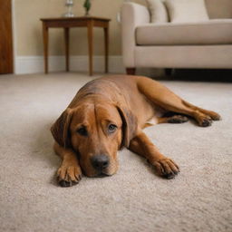 An invitingly plush carpet lies beside a restful brown dog in a warmly lit room