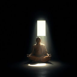 A Buddhist monk peacefully meditating in a dark room