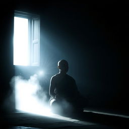 A Buddhist monk peacefully meditating in a dark room