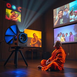 A large old-fashioned projector in a darkened room casting colorful images of joyful moments onto a wall