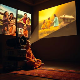 A large old-fashioned projector in a darkened room casting colorful images of joyful moments onto a wall