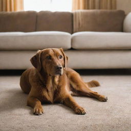 An invitingly plush carpet lies beside a restful brown dog in a warmly lit room