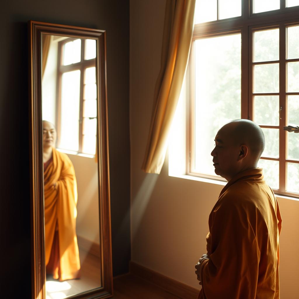 A Buddhist monk standing peacefully before a large, simple mirror in his meditation room