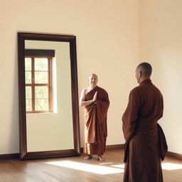 A Buddhist monk standing peacefully before a large, simple mirror in his meditation room